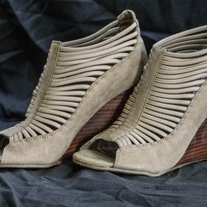 Mia Strappie Peep-Toe Stacked Wedge Heels